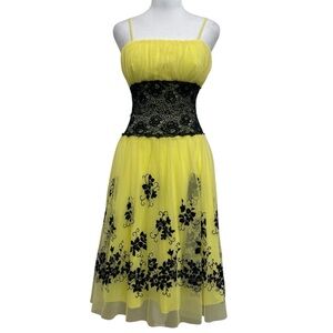 Ynes Vintage 90s Yellow & Black Glitter Flower Appliqué Tulle Midi Dress
